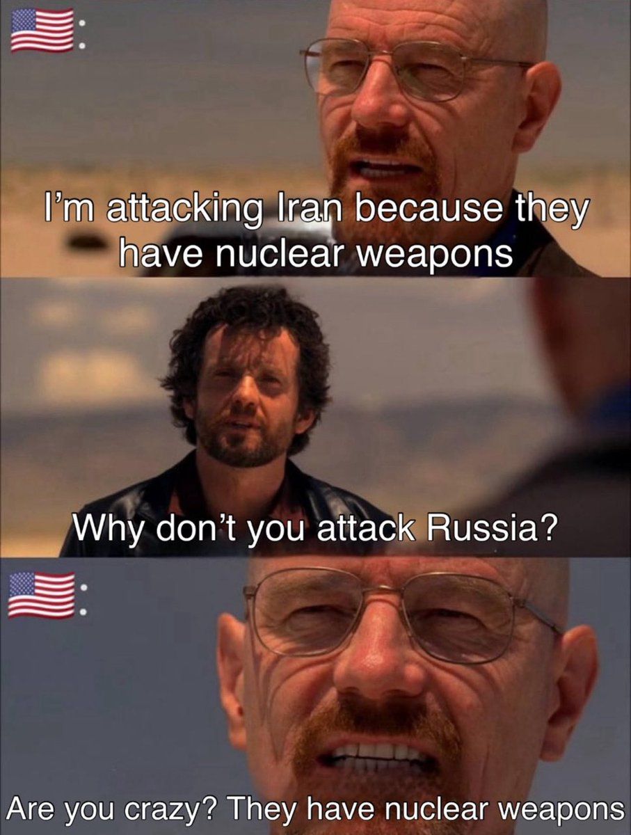 The meme is a humorous exchange between two characters from the TV show Breaking Bad, where one character (Walter White) is explaining why he's attacking Iran, and the other character (Jesse) asks why he's not attacking Russia instead. The punchline is that the reason for attacking Iran is because they have nuclear weapons, implying that the real reason for the attack is to protect the United States' own nuclear weapons. The joke is that the character is being absurdly paranoid and is making a ridiculous excuse for why he's attacking Iran.