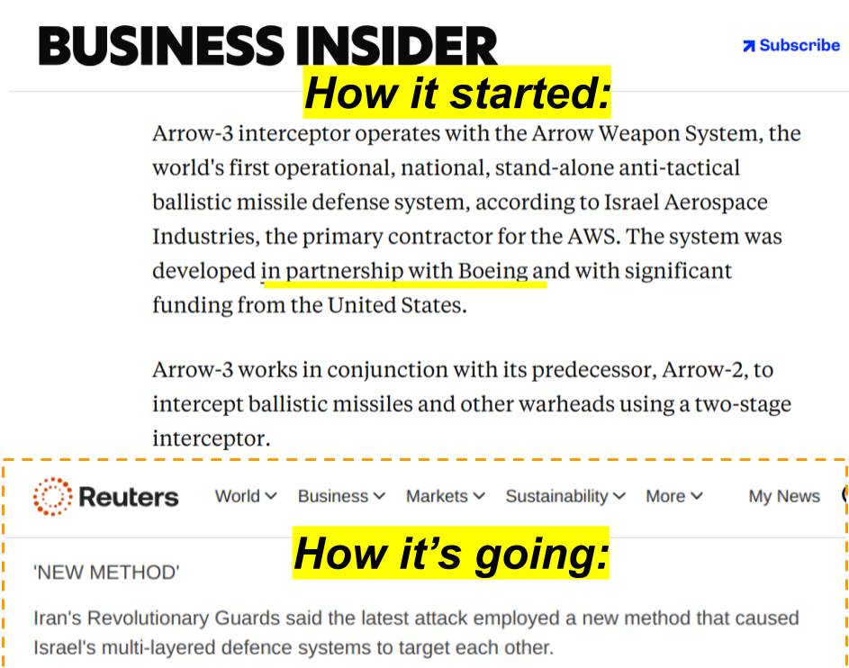 The meme is a screenshot of a news article from Business Insider, with a section of the article highlighted in yellow. The highlighted text reads: "In 2017, Israel and the United States signed a contract for the Arrow-3 interceptor, which was developed in partnership with Boeing and the US, with funding from the US." The meme is making a humorous comparison between the development of the Arrow-3 interceptor and the development of the internet, suggesting that the internet was developed in a similar way to the Arrow-3.