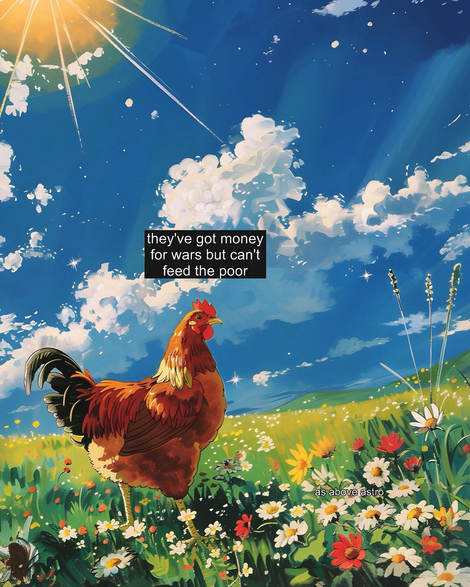 The meme is an image of a chicken standing in a field of flowers, with a caption that reads "they've got money for wars but can't feed the poor". The image is likely a commentary on the irony of a society that can afford to fund war but can't provide basic necessities like food for its own citizens. The image is meant to be humorous and satirical, highlighting the hypocrisy of a system that prioritizes war over the well-being of its people.