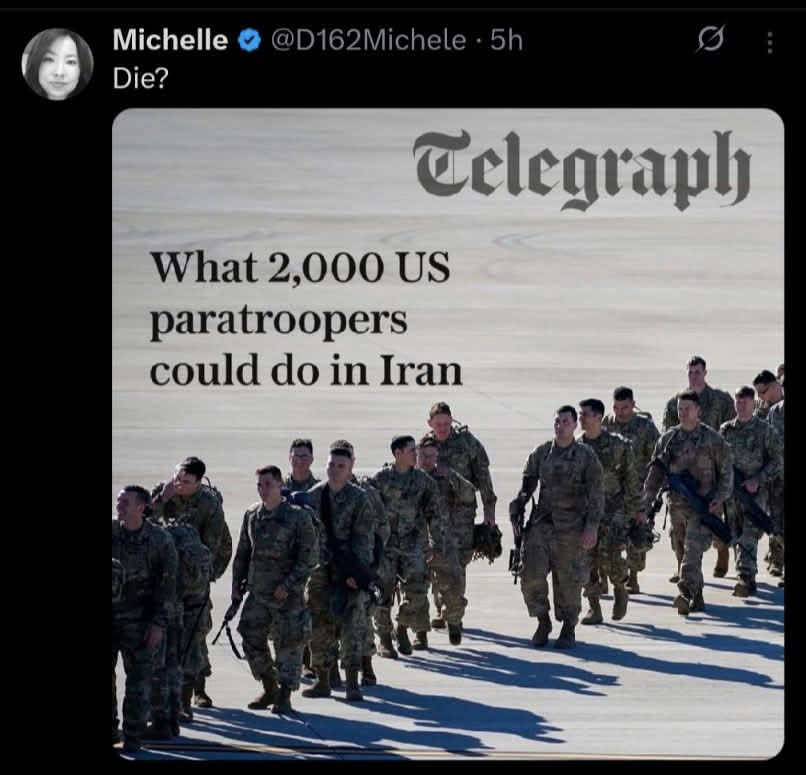 The meme is a satirical response to a news article about the US military's 2,000 paratroopers' deployment to Iran. The image features a group of US soldiers in combat gear, with a headline from the Telegraph newspaper...