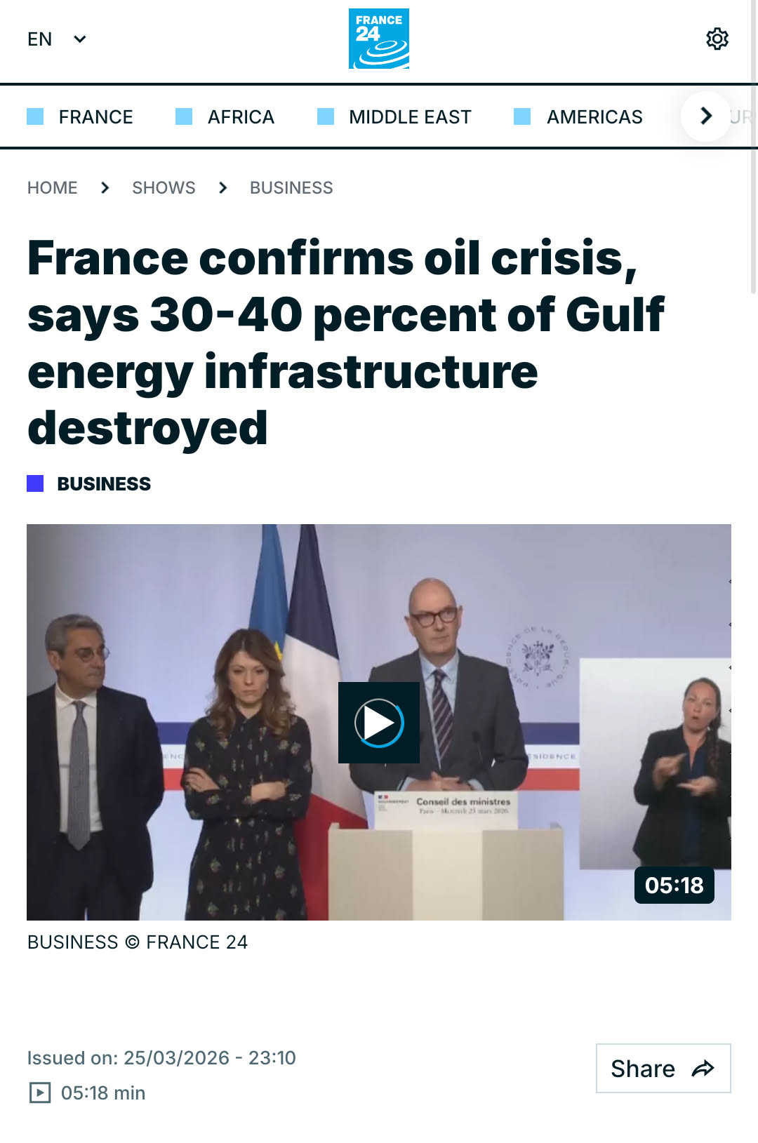 The meme features a screenshot of a news article from France24, with the headline "France confirms oil crisis, says 30-40 percent of Gulf energy infrastructure destroyed" in bold, black text. The image includes a vide...