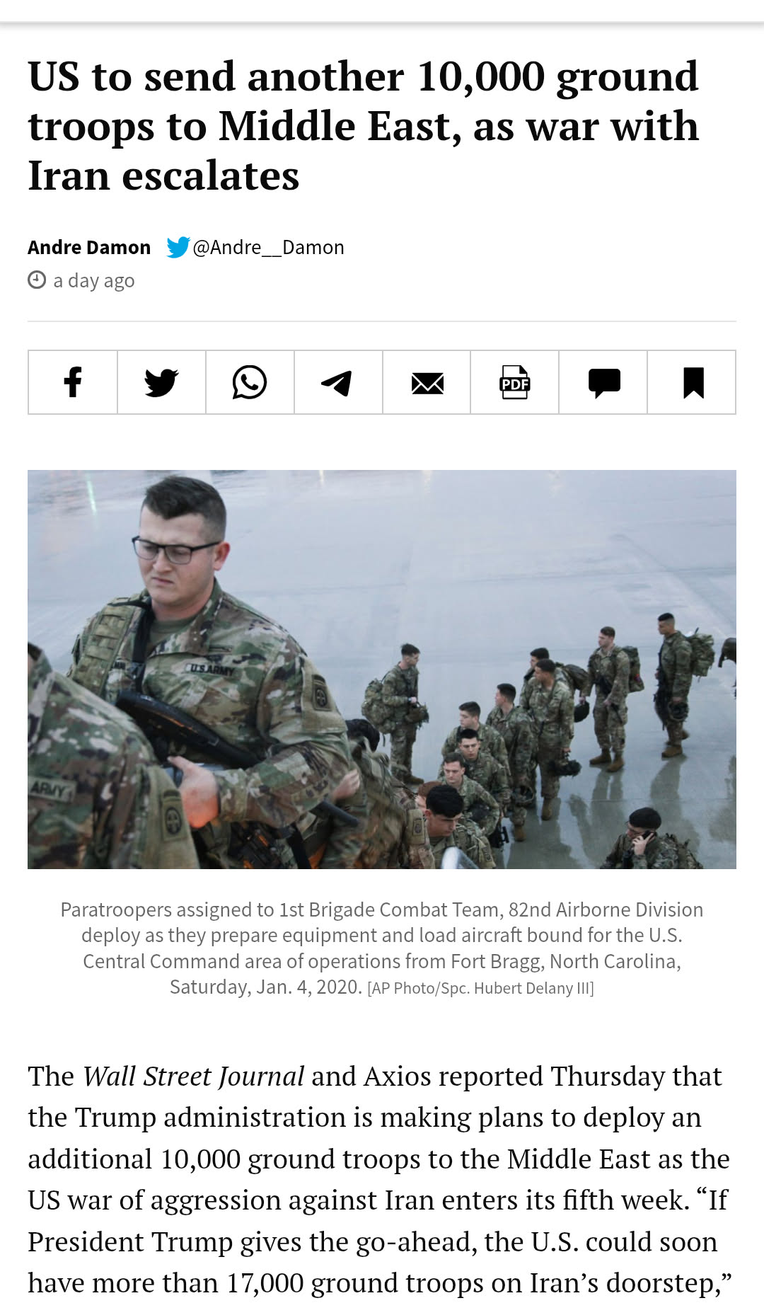 This meme is a satirical commentary on the US military's role in the Middle East. The image shows a news article with the headline "US to send another 10,000 ground troops to Middle East, as war with Iran escalates."...