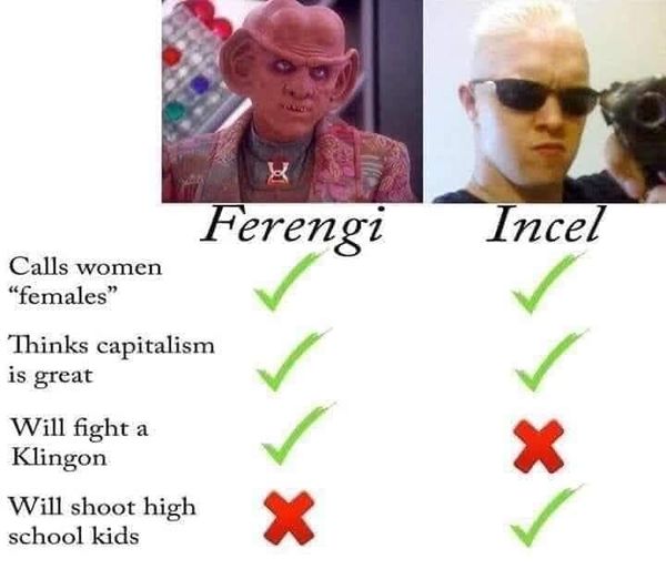 This meme is a comparison between the fictional characters Ferengi and Incel. The text on the left, "Ferengi", lists characteristics that are often associated with the stereotype of a "Ferengi" (a species from the Star Trek franchise), such as calling women "females", thinking capitalism is great, and wanting to fight a Klingon. The text on the right, "Incel", lists characteristics that are often associated with the stereotype of an "Incel" (a subculture of men who are often described as being socially isolated and misogynistic), such as calling women "females", thinking capitalism is great, and wanting to fight a Klingon.
