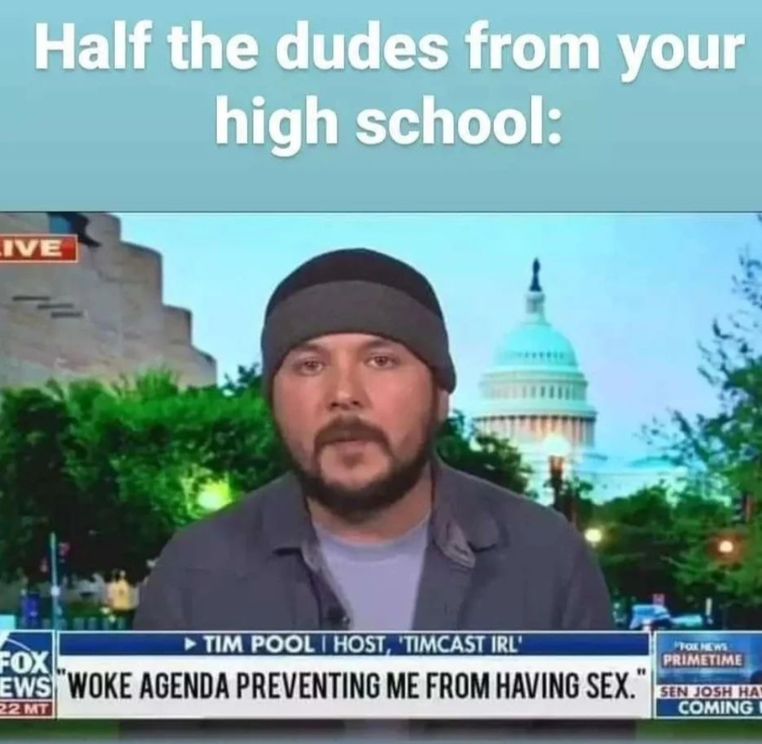 This meme is a screenshot from a news show featuring a news anchor with a shocked expression. The text at the top of the image reads "Half the dudes from your high school" and the text at the bottom reads "In 2-3 sentences, describe this meme for someone who cannot see it." The meme is a humorous commentary on the idea that many people from a person's high school days are now involved in or have become involved in sex work, and are now being interviewed on a news show about this topic.