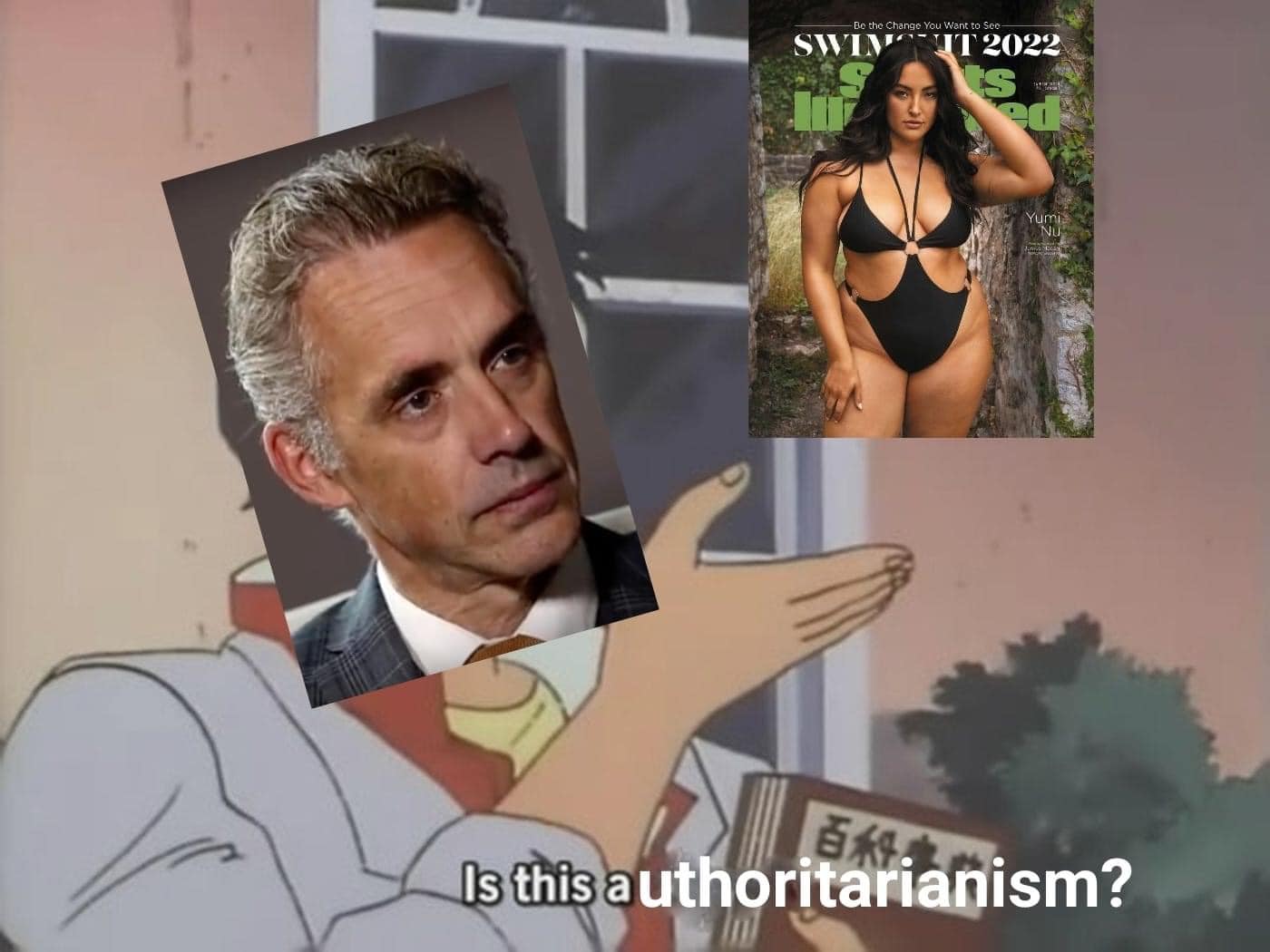 This meme features a split-screen image with a photo of a man (likely a politician or public figure) on the left and a photo of a woman (likely a celebrity or model) on the right. The text "Is this a uthoritarianism?" is overlaid on the image, referencing a popular meme format. The meme is likely poking fun at the idea that the two photos are being used to illustrate a topic or issue related to authoritarianism.