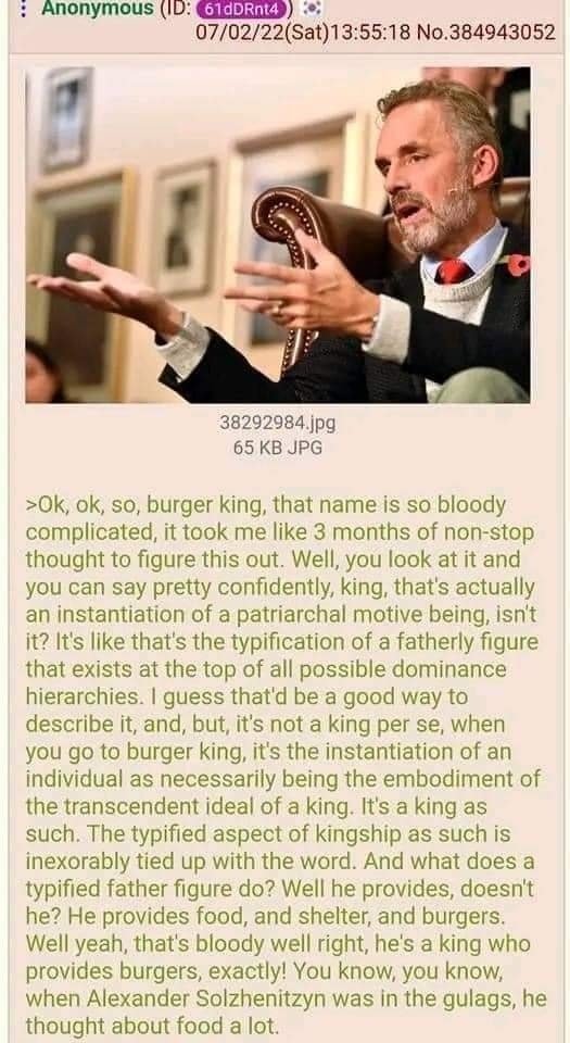 The meme is a screenshot of a 4chan post featuring a photo of a man in a suit and tie, with his hands raised in a dramatic gesture. The text below the image is a rambling, incoherent, and often humorous response to a post about the name of a fictional character. The author of the post is attempting to describe a character's name in a series of ridiculous and absurdly long sentences, using an intentionally over-the-top and absurdly worded description of the character's name, including a reference to a "king" and a "fellow" who is described as "a king" and "a king" in the same sentence.