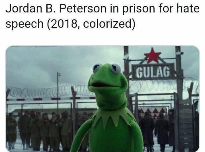 This meme is a humorous commentary on the 2018 speech by Jordan B. Peterson, a Canadian professor and author. The image features a photo of a character from the Muppets, Kermit the Frog, standing in front of a prison gate, with the caption "In prison for hate speech (2018, colorized)". The joke is that the image is a parody of a famous scene from the movie "The Great Escape", but with a twist: the character is a Muppet, and the caption is a play on words, referencing the 2018 speech by the Canadian professor.