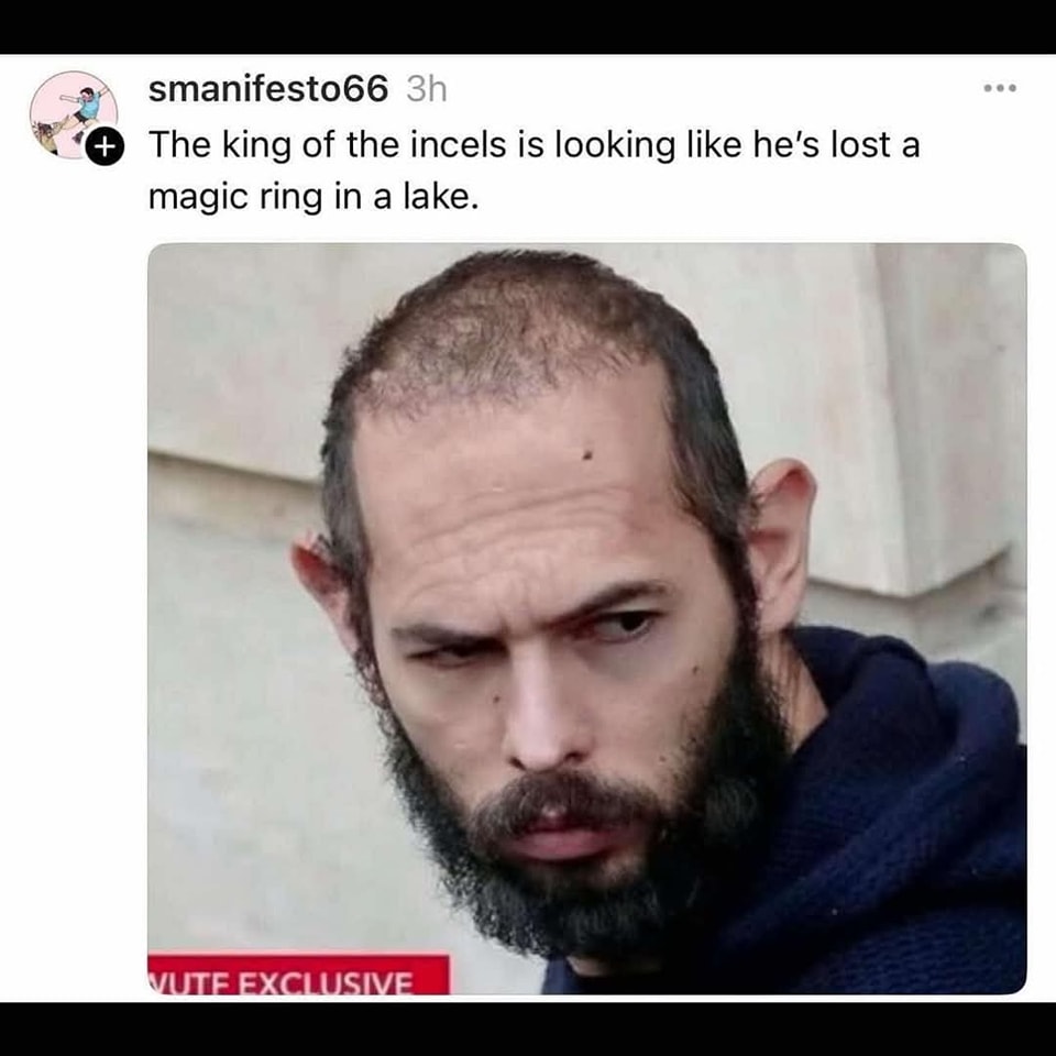 The meme is a photo of a man with a very short, messy haircut and a scruffy beard. He looks like he hasn't had a haircut or a shave in weeks. The text above the photo says, "The king of the incels is looking like he's lost a magic ring in a lake."