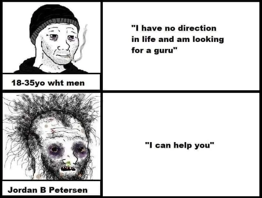 The meme is a humorous comparison between two different types of people. The top image shows a young man in his 20s who is struggling to find direction in life, and is looking for a guru to help him. The text reads, "I have no direction in life and I'm looking for a guru." The bottom image shows a man who is completely uncoordinated and disheveled, with a wild look in his eyes. The text reads, "I can help you."