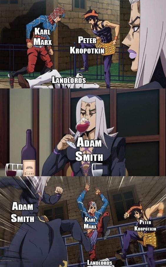 This meme is a humorous comparison of historical figures. The image shows a scene from the anime "Jojo's Bizarre Adventure: Golden Wind" where a character named Giorno is about to kill a group of enemies. The text labels each character with a historical figure's name, creating a humorous and unexpected connection between the characters and the historical figures.