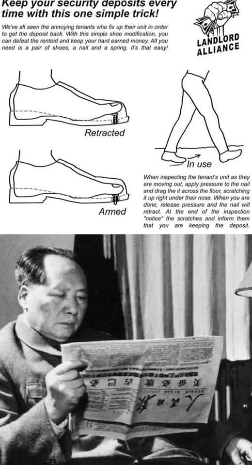 This meme features a black-and-white photograph of a man reading a newspaper in a chair. The text "Keep your security deposits every time with this one simple trick!" is written above the image, and below it is a series of images showing a person's foot with a nail in the heel, followed by the words "Retracted", "In use", and "Armed".
