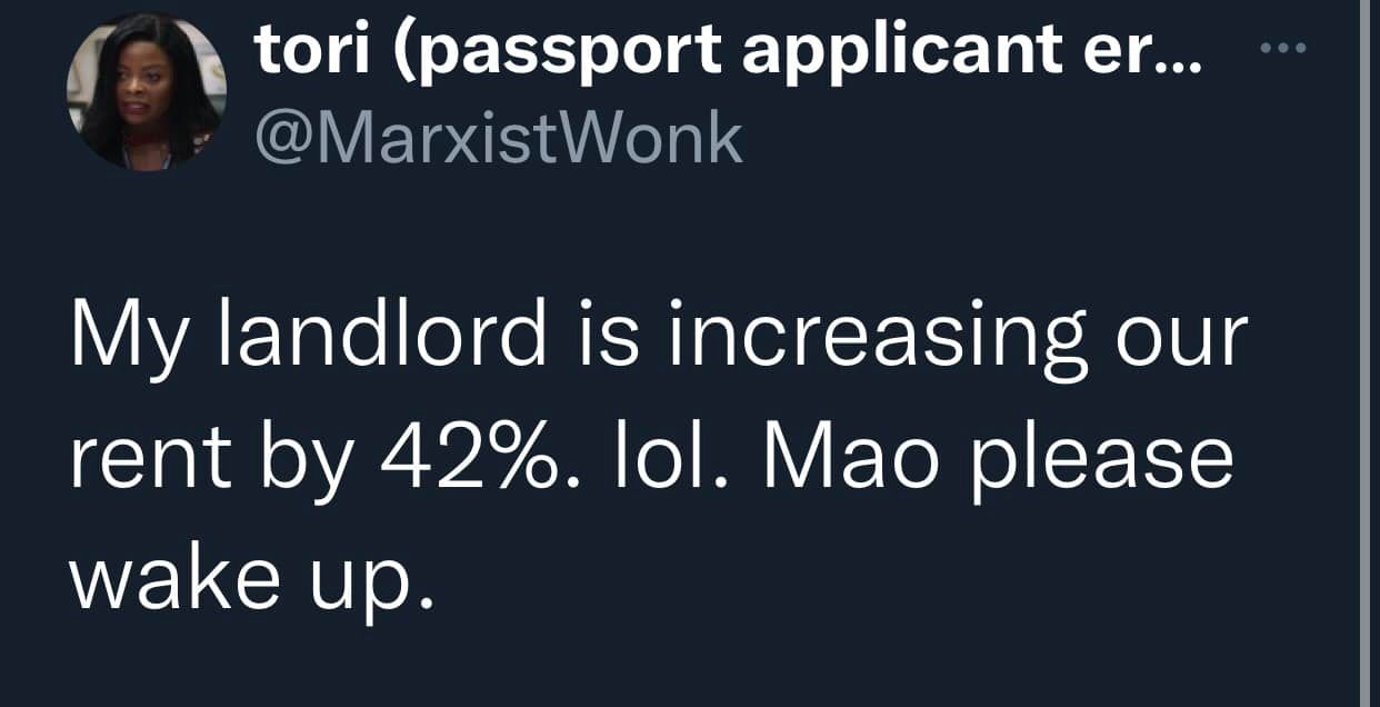 The meme is a humorous tweet from a fictional person named "tori" who is reacting to their landlord increasing their rent by 42%. The tweet is a sarcastic and humorous response to the news, with the person asking if the landlord is also asking for a 42% increase in their salary as well. The tweet is likely meant to be humorous and satirical, rather than a serious expression of concern about the rent increase.