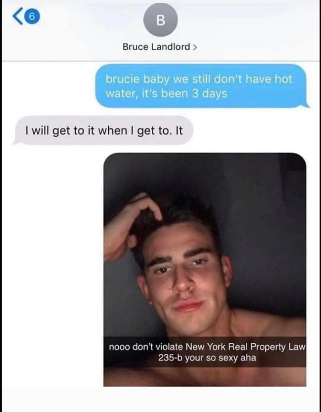 The meme features a screenshot of a text conversation between Bruce Landlord and an unknown recipient. The conversation begins with Bruce sharing a photo of himself, accompanied by the caption "noooo don't violate New York Real Property Law 235-b your so sexy aha." The recipient responds with "brucie baby we still don't have hot water, it's been 3 days," to which Bruce replies, "I will get to it when I get to it." The meme humorously highlights the landlord's lack of urgency in addressing the tenant's concern about the lack of hot water.