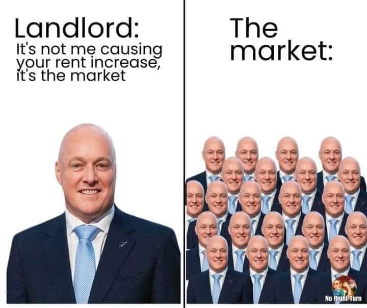 This meme is a humorous take on the classic phrase "it's not me, it's you" and applies it to the concept of rent increases being caused by the broader market, not the landlord. The image features a photo of a smiling, balding man with a caption on the left saying "Landlord: It's not me, it's the market" and a photo of a crowd of identical, balding men on the right.