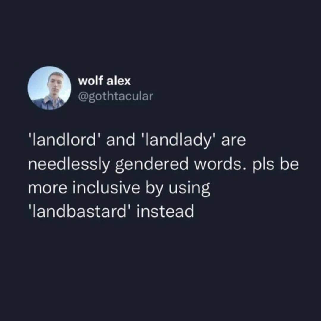 This meme is a humorous commentary on the use of gendered terms in the real estate industry. The text reads, "landlord" and "landlady" are needlessly gendered words, suggesting that they could be replaced with more inclusive terms like "landbastard." The meme is likely intended to poke fun at the traditional use of gendered language in the industry and to suggest that more inclusive language could be used instead.