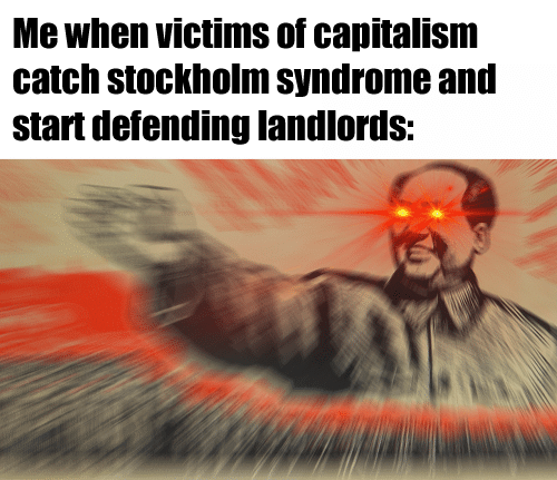 The meme is a humorous illustration of a person being hit with a massive, unseen force. The text at the top reads, "Me when victims of capitalism catch Stockholm syndrome and start defending landlords:". The image dep...