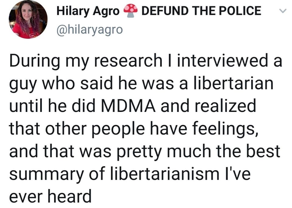 The meme is a humorous anecdote about a researcher's interview with a libertarian who, when asked about his feelings, unexpectedly said he was a libertarian until he did MDMA and then realized that other people have feelings too. The text at the top of the image reads: "During my research I interviewed a guy who said he was a libertarian until he did MDMA and realized that other people have feelings, and that was pretty much the best summary of libertarianism I've ever heard."
