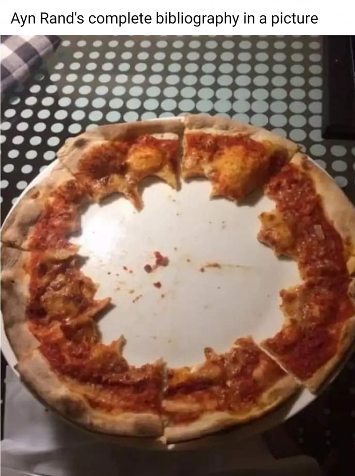 This meme is a picture of a pizza with a missing slice, but the missing slice is shaped like a star, implying that someone (or something) has eaten a slice in the shape of the Bat-Symbol, a nod to the superhero Batman. The text above the image reads "Ayn Rand's complete bibliography in a picture". This is a joke, as Ayn Rand was a philosopher and author known for her works, but not for her culinary skills. The meme is poking fun at the idea that someone could summarize Ayn Rand's entire bibliography in a single image, a pizza with a missing Bat-Slice.