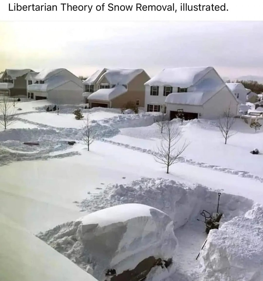 The meme is a humorous image of a snow-covered neighborhood with a massive snowbank in front of a house. The snowbank is so large that it's almost as tall as the house, and it's blocking the street. The text at the top of the image reads "Libertarian Theory of Snow Removal, illustrated."