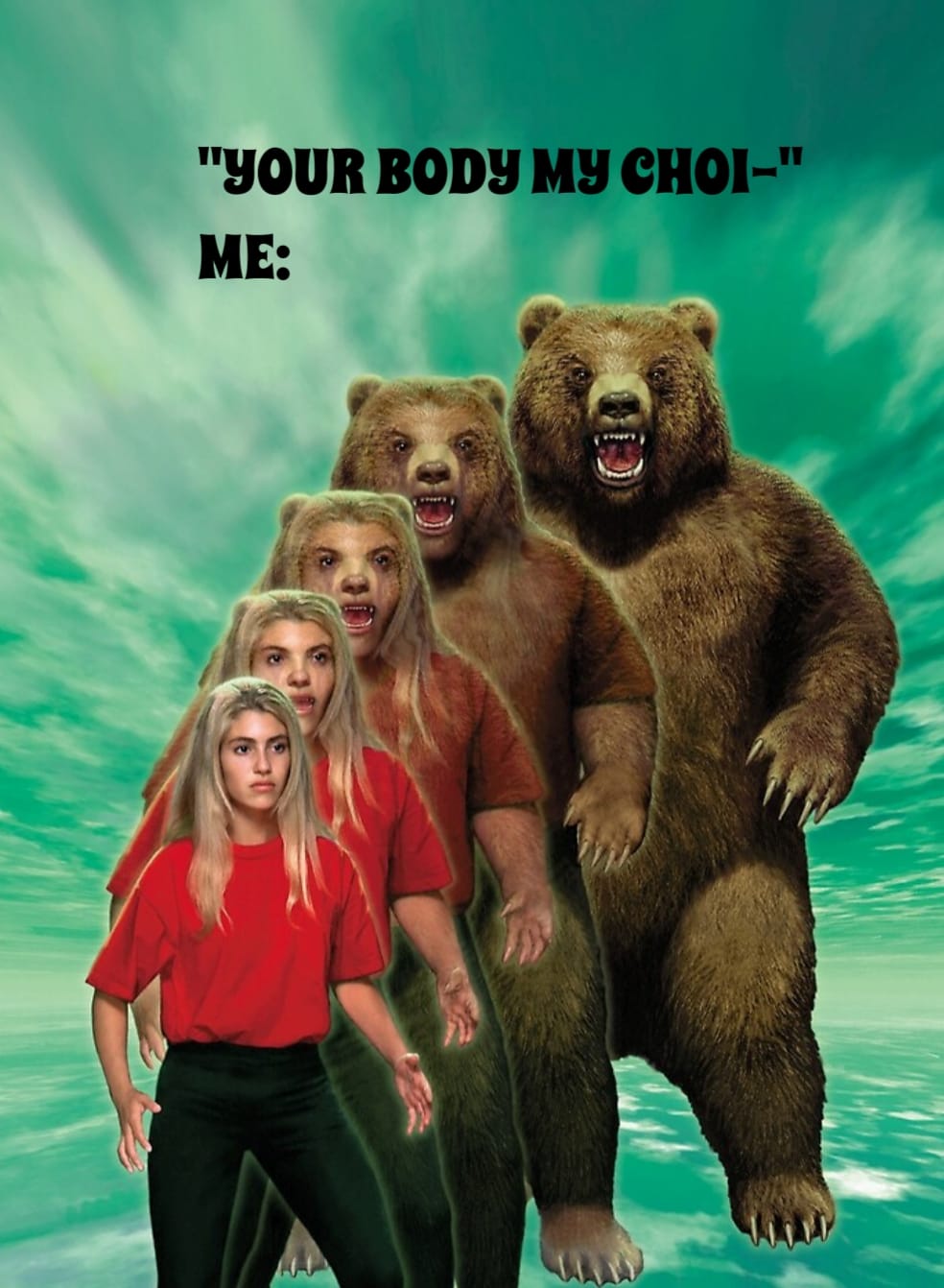 The meme is a play on the song "I'm a Little Teapot" but with a darker twist. The image shows a group of people, including a woman and three bears, with the text "Your body is a temple" above them. However, the text is followed by a subtext that says "except for that one part that's a dumpster fire".