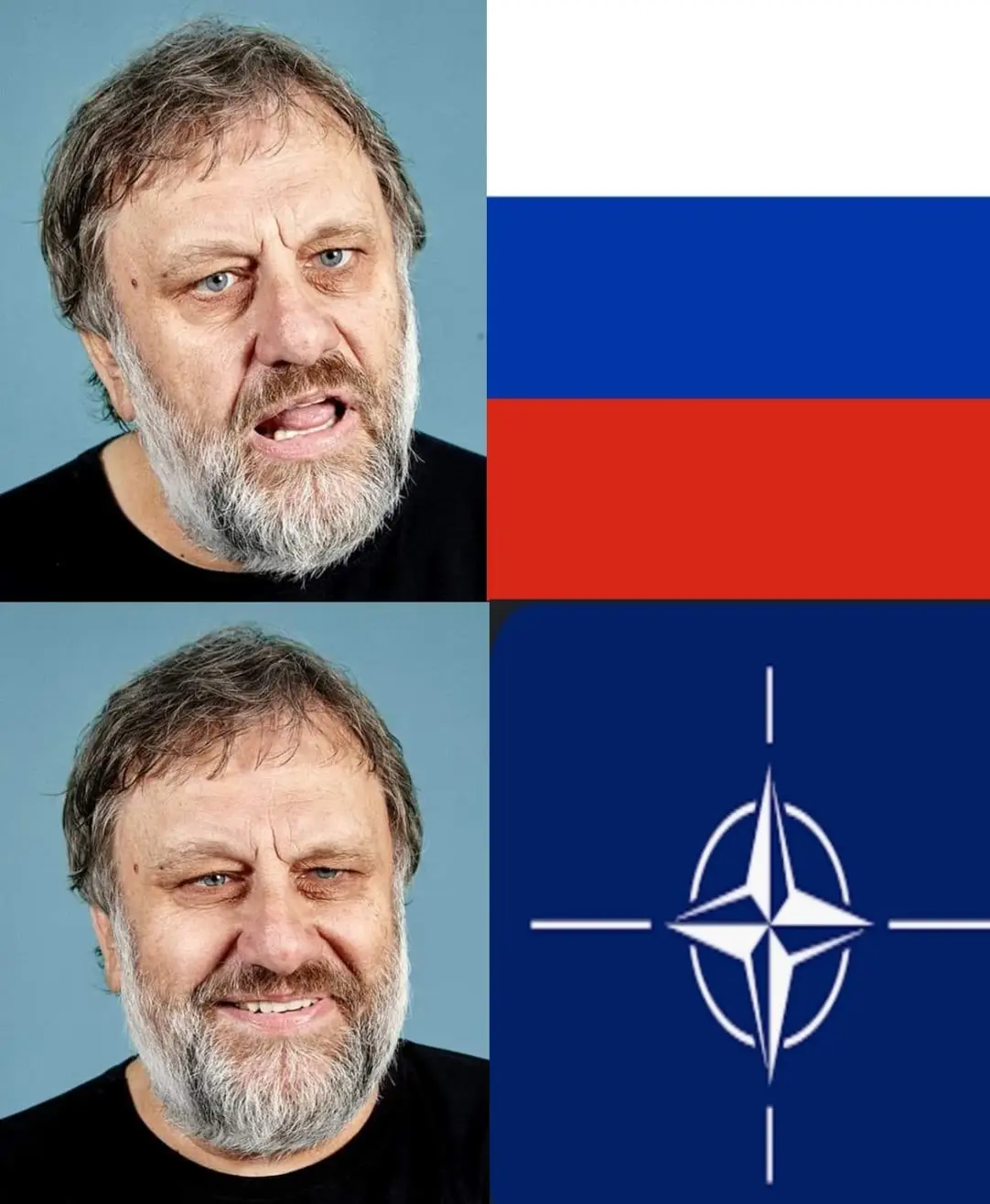 The meme is a humorous comparison between two individuals. On the left, a photo of a man with a shocked expression is captioned "When I see the state of my country's military" (implying Russia). On the right, a photo of a man with a similarly shocked expression is captioned "When I see the state of NATO's military" (implying NATO).