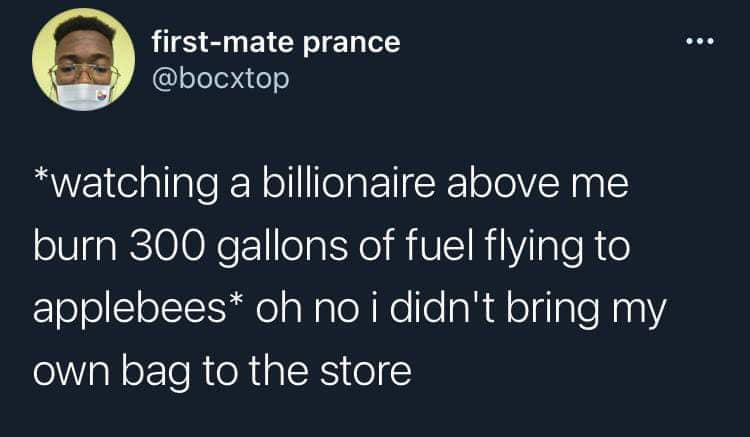 This meme is a humorous observation about the contrast between the wealthy and the poor. The text reads: "watching a billionaire above me burn 300 gallons of fuel flying to applebees *oh no i didn't bring my own bag to the store*". It pokes fun at the irony of a wealthy person's actions being criticized by someone who is not even able to afford a reusable bag.