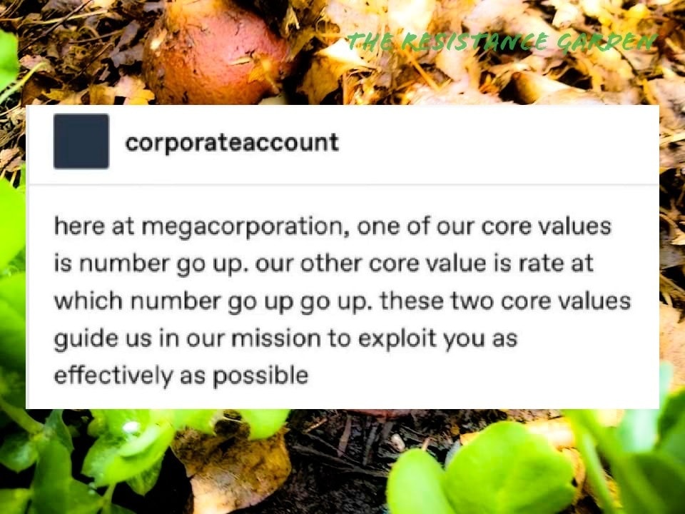 This meme is a screenshot of a comment on a social media platform, likely Reddit or Twitter. The comment is a response to a post about a company's core values, specifically a core value that is a number. The text reads: "Here at Megacorp, one of our core values is number go up. Our other core value is rate at which number go up. These two core values guide us in our mission to exploit you as effectively as possible." The tone is sarcastic and ironic, implying that the company's values are actually about exploiting its employees.