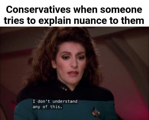The meme is a screenshot from the TV show Star Trek: The Next Generation, featuring a character (Deanna Troi) with a serious expression. Above the image is the text "Conservatives when someone tries to explain nuance to them" and below the image is the text "I don't understand anything you're saying. Please, for the love of God, speak slower and use smaller words." However, the actual text in the image is "I don't understand anything you're saying. Please, for the love of God, speak slower and use smaller words." is not present, instead the text "I don't understand anything you're saying. Please, for the love of God, speak slower and use smaller words." is replaced with "I don't understand any of this."