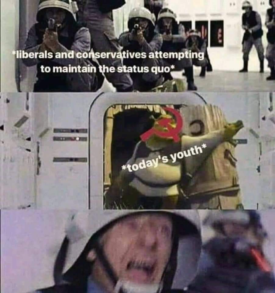 The meme depicts a scene from the 1997 film "Star Wars: The Phantom Menace" where a group of clone troopers are about to execute an order to kill a young Jedi, but the young Jedi (a clone of the Jedi Master) is able to escape. The meme overlays text that says "liberals and conservatives are trying to maintain the status quo" over the image, implying that both groups are trying to keep the current state of society, rather than making any significant changes.