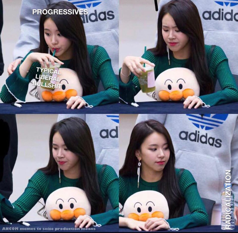 The meme is a screenshot of a popular K-pop star, Jennie from Blackpink, sitting at a table with a stuffed animal and a drink. The text "PROGRESSIVES: TYPICAL LIBERAL BULLSHIT" is superimposed over the image, implying that the image is a satirical commentary on the expectations of liberal or progressive individuals. The meme is likely poking fun at the idea that someone from a progressive or liberal background would be expected to be perfect or "on-point" at all times.