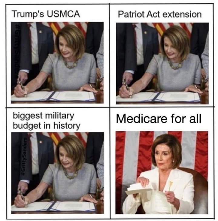 This meme is a visual representation of Nancy Pelosi tearing up a copy of the US Military's budget (known as the "National Defense Budget" or "NDB") after signing it into law. The text "In God We Trust" is written on the document.