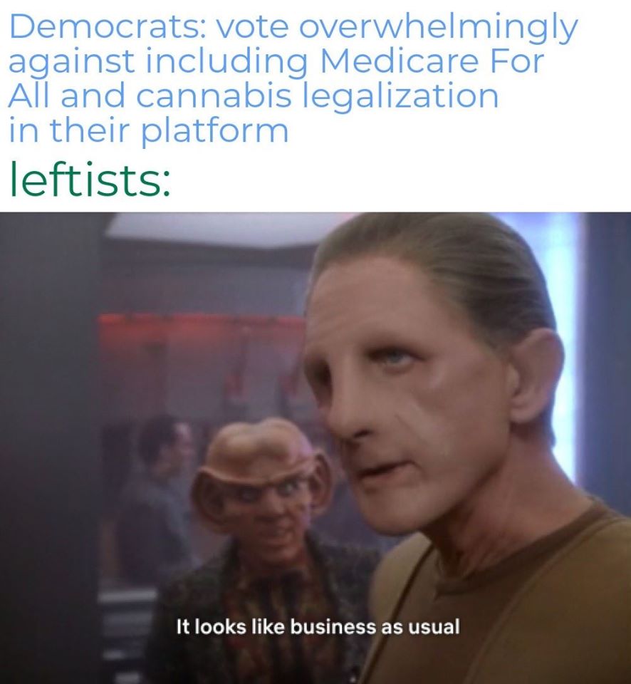 The meme is a humorous comparison between two groups of people, Democrats and leftists, who both support progressive policies. The image is a still from a Star Trek: The Next Generation episode, with the character Data saying "It looks like business as usual" - implying that even in a futuristic, high-tech society, the same old, same old, is still happening.