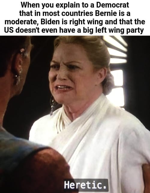 This meme is a humorous critique of the left-wing or liberal ideology, specifically targeting the Democratic Party and its leader, Bernie Sanders. The image shows a woman from the movie "Star Wars" (Mon Moth-Loth) saying "Heretic" to someone, implying that someone is a heretic or a non-believer in a particular ideology. The text above the image says: "When you explain to a Democrat that in most countries Bernie is a moderate, Biden is right wing and that the US doesn't even have a left wing party".