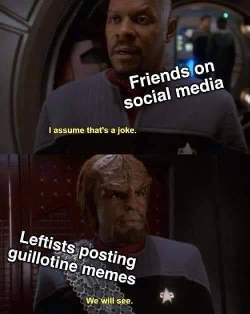 The meme is a still image from the TV show Star Trek: The Next Generation, featuring a character named Worf. The image shows Worf with a serious expression, and the text "I assume that's a joke" is overlaid on his face. The meme is likely poking fun at the idea that some people on social media are so extreme in their views that they are actually joking about something that is not actually funny.