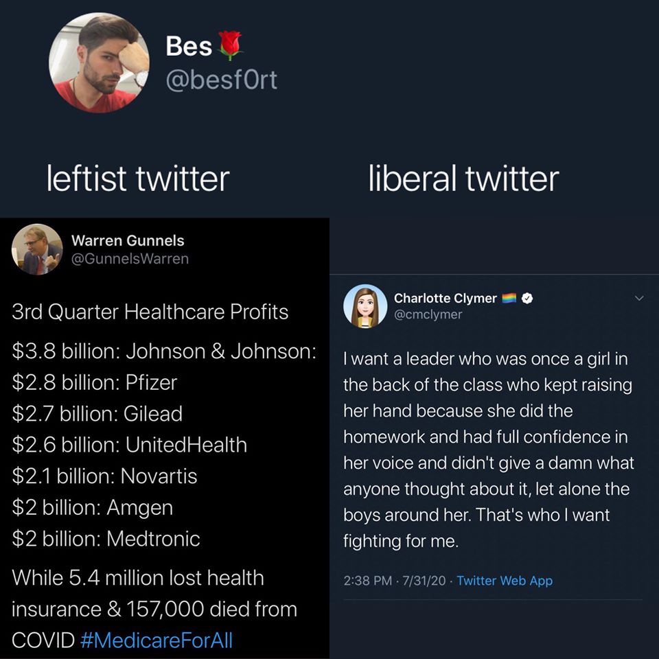 The meme is a split-screen image with a left-wing (left) and right-wing (right) Twitter account. The left account, labeled "leftist," lists a series of tweets from prominent left-wing figures, including a tweet from Bernie Sanders. The right account, labeled "rightist," lists a series of tweets from prominent right-wing figures, including a tweet from Donald Trump.