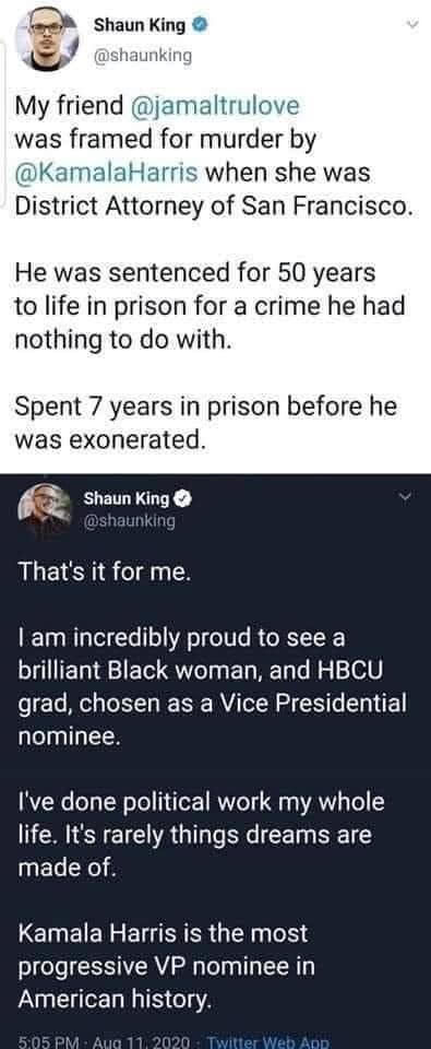 The meme is a tweet from comedian and actor, Shaun King, reacting to a news article about a former San Francisco district attorney who was sentenced to 50 years to life in prison for a crime he had nothing to do with, and was later exonerated after 7 years in prison. The tweet reads: "He was sentenced for 50 years to life in prison for a crime he had nothing to do with. Spent 7 years in prison before he was exonerated. That's it for me."