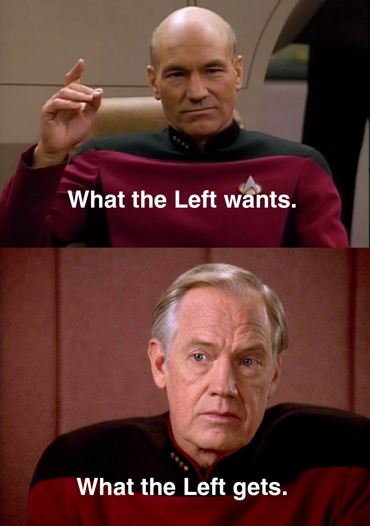 This meme is a play on the classic Star Trek: The Next Generation episode "The Most... (and the Least) I Can" (Season 5, Episode 15). The meme features two images of Captain Jean-Luc Picard, one where he says "What the Left wants" and the other where he says "What the Left gets". The first image shows a calm and collected Picard, while the second image shows a frustrated and exasperated Picard.