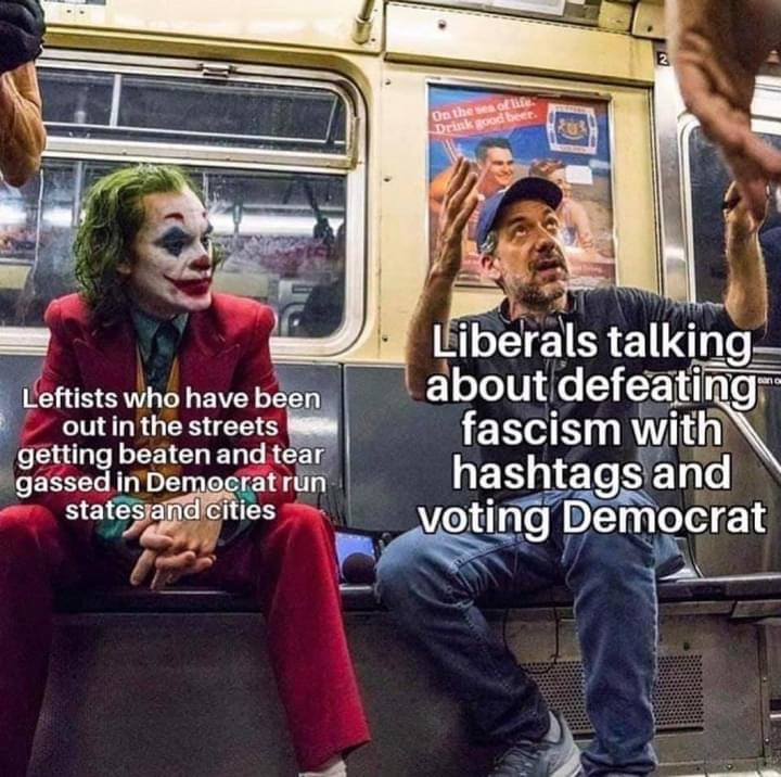 This meme features a photograph of two men on a subway train. The man on the left, dressed as the Joker, is labeled "Leftists who have been out in the streets getting beaten and tear gassed in Democrat-run cities." The man on the right, wearing a baseball cap, is labeled "Liberals talking about defeating fascism with hashtags and voting Democrat." The image is humorous because it juxtaposes two extreme views, implying that the leftists are more concerned with their own safety and the liberals are more concerned with their own politics.