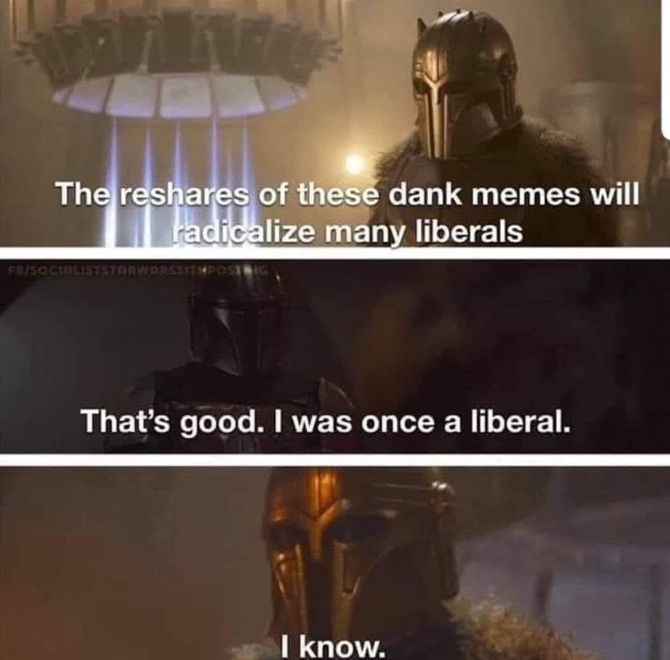 The meme is a screenshot from the TV show "The Mandalorian" featuring the character Bo-Ko, also known as "The Child" or "Baby Yoda". The image shows Bo-Ko's response to a question about being a liberal, which is "That's good. I was once a liberal." The text is overlaid with a humorous comment, "The resharing of these dank memes will radicalize many liberals."