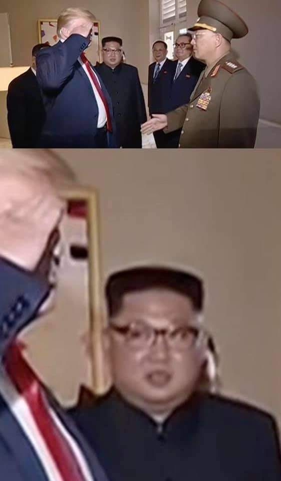 The meme is a split-screen image of two contrasting reactions to a similar situation. The top image shows Donald Trump, the former President of the United States, awkwardly saluting a North Korean general, while the bottom image shows the same scene with a caption "When you're trying to be a tough guy but you're actually a total [expletive]". The text in the image is not explicitly stated, but the meme is likely referencing Trump's awkwardness and lack of military experience.