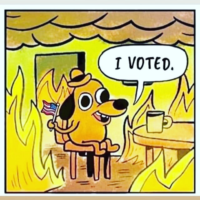 The meme depicts a dog sitting in a chair, surrounded by flames, holding an American flag. The dog is smiling and saying "I VOTED." The image is humorous because it implies that the dog's act of voting is so important that it has caused a fire, which is an extreme and absurd consequence. The meme is likely intended to be ironic or satirical, suggesting that people take their right to vote very seriously.