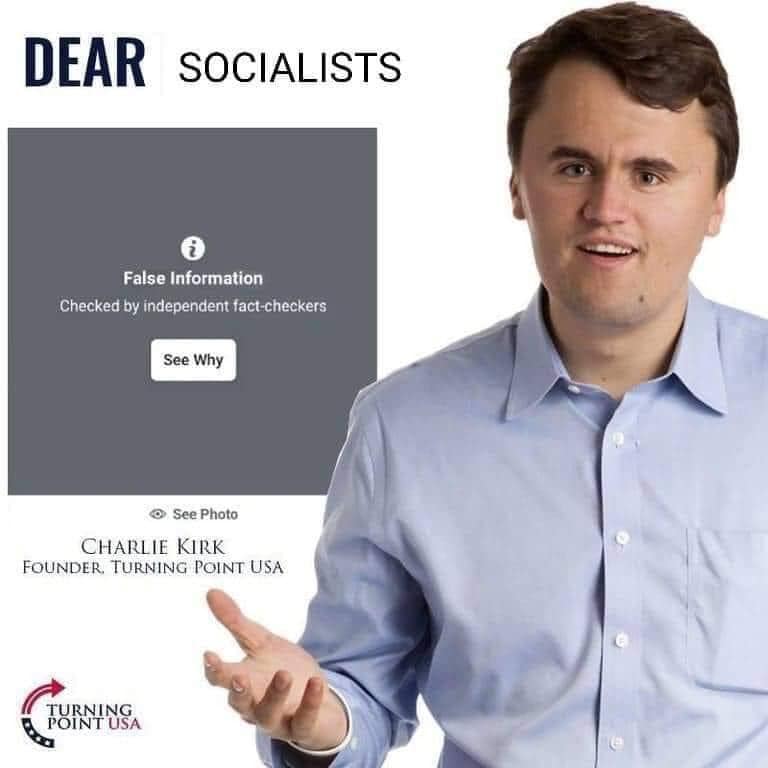 This meme is a screenshot of a Facebook post where a user has reported a post as "false information" (a common Facebook moderation action). The user, presumably a liberal or progressive, is expressing frustration or irony at the fact that Facebook is labeling their own post as false information, implying that Facebook is censoring or suppressing their views. The text "False Information" is highlighted in the screenshot, and the user's comment "DEAR SOCIALISTS" is written above it.