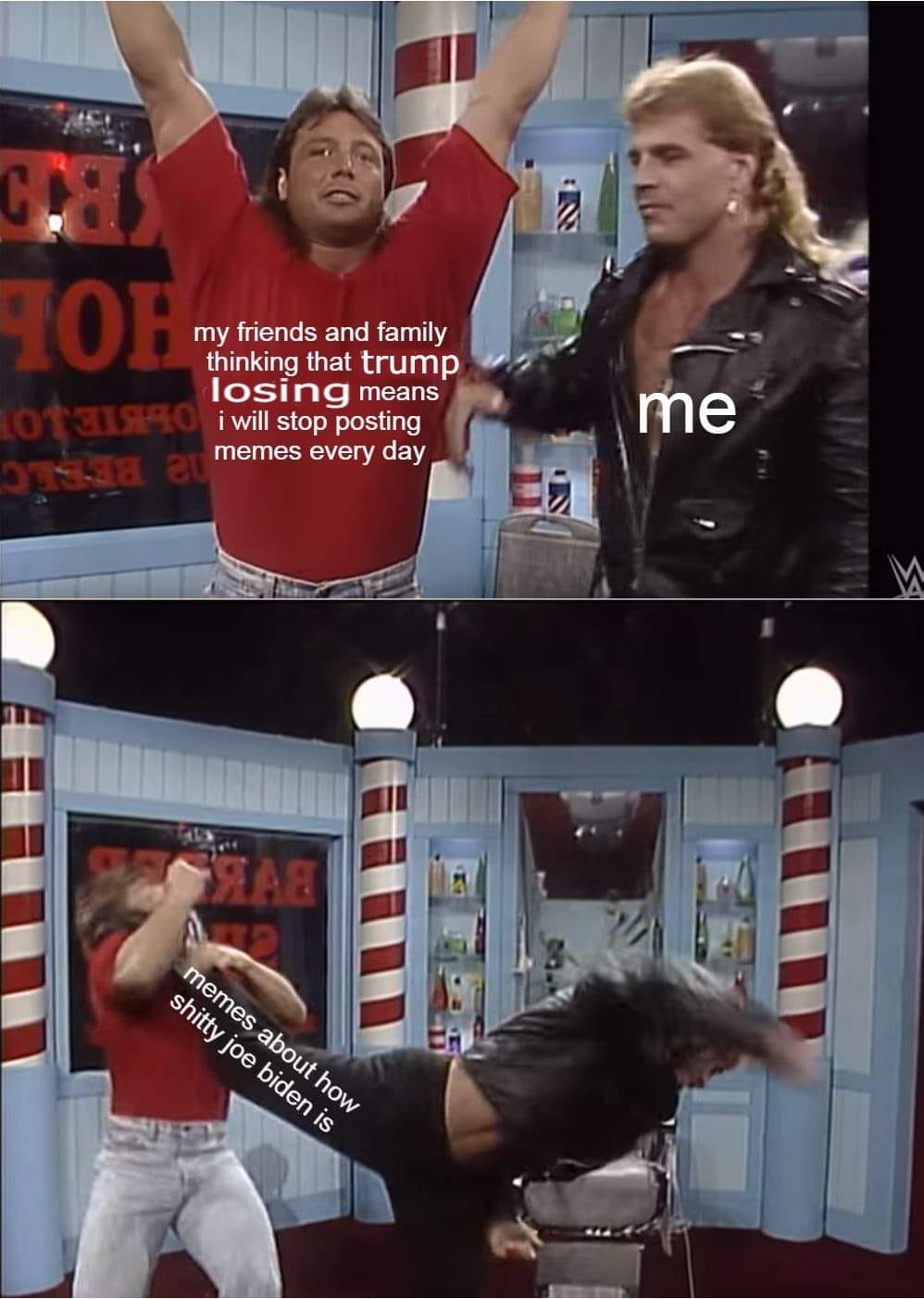 The meme is a humorous take on the 2020 US presidential election. It shows a scene from a TV show where a character is being punched in the face by another character, with a caption suggesting that the punch is being delivered because of the character's opinions about former President Donald Trump losing the election.