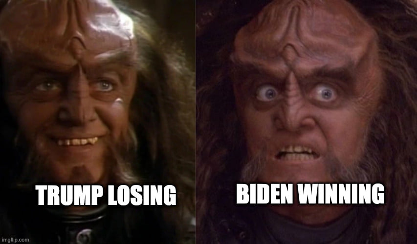 The meme is a split-screen image with a Klingon from the Star Trek franchise on the left and a Klingon on the right. The left Klingon has a triumphant expression and the text "Trump Winning" above it. The right Klingon has a shocked and horrified expression and the text "Biden Winning" above it.