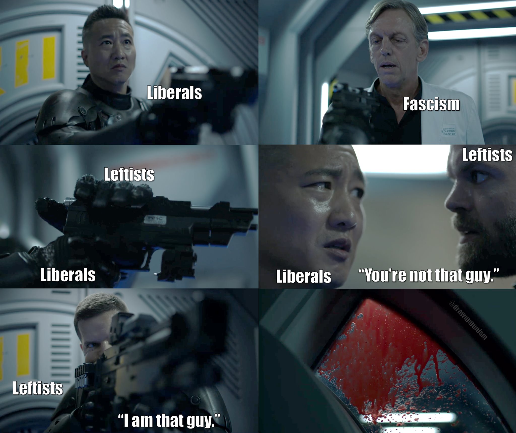 This meme is a humorous comparison between liberals and leftists, using a scene from the TV show "Star Trek: Discovery" as a visual reference. The image shows two characters, one with a gun and a caption that reads "Liberals: 'I am the one who shoots first.'" The next panel shows a different character, with a caption that reads "Leftists: 'You're the one who's going to die first.'" The meme is a play on the idea that liberals and leftists are often seen as being on opposite sides of the political spectrum, and the image is meant to poke fun at this idea.