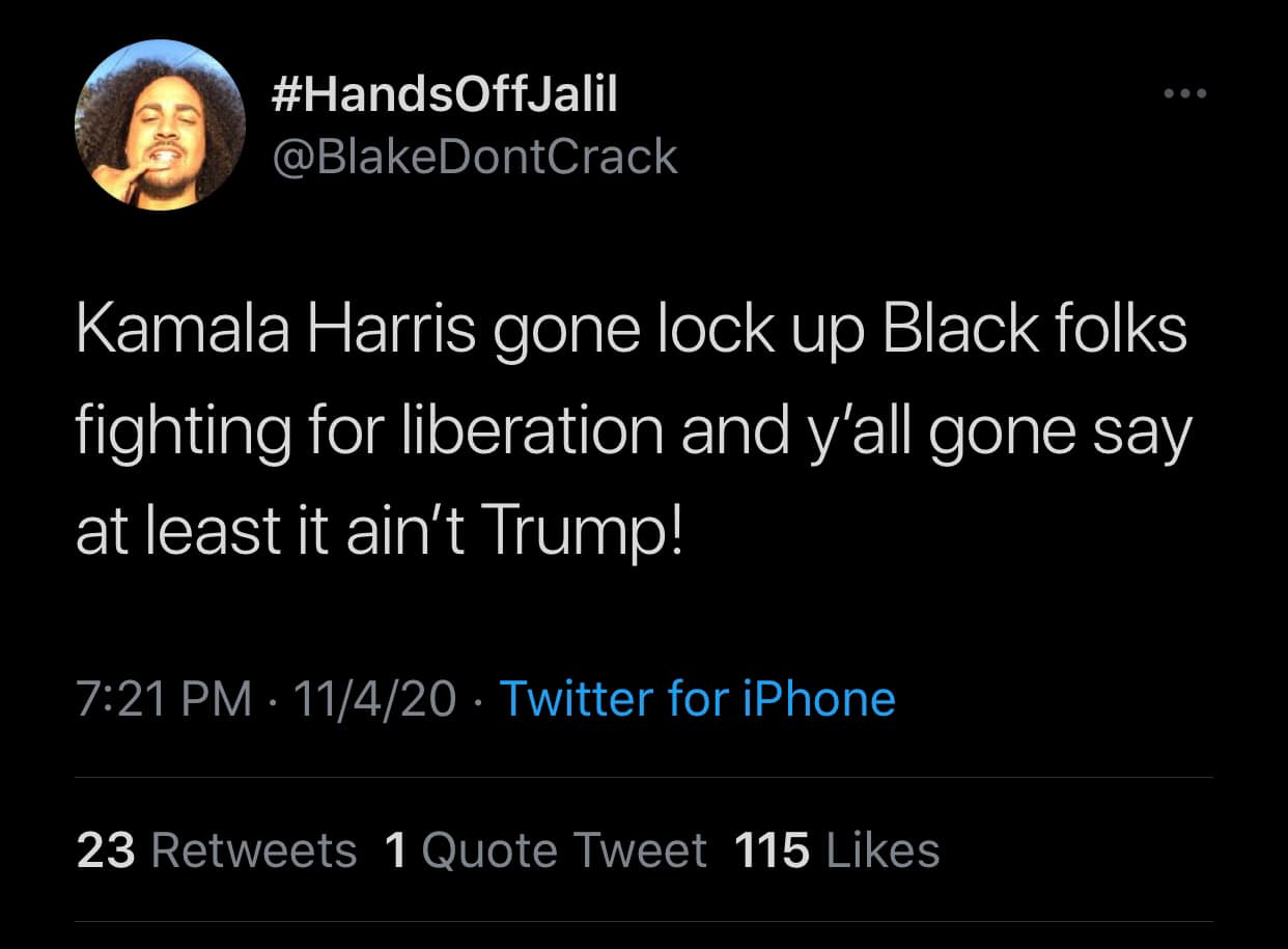 This meme is a screenshot of a tweet that reads: "Kamala Harris went to jail and the inmates said 'Kamala, you're not in jail, you're in the White House'". The tweet is a humorous commentary on the idea that Kamala Harris, the former Attorney General of California and a former presidential candidate, would be locked up in a jail cell.