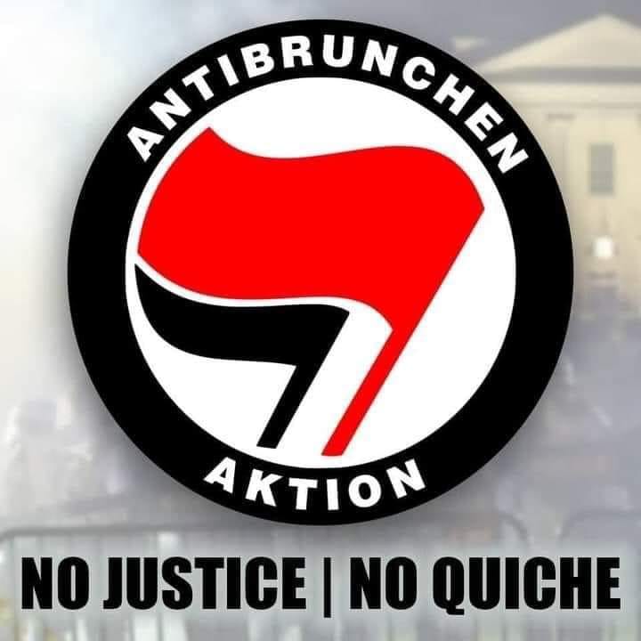 The meme is a play on the Antifa logo, which features a red "A" in a circle. The image is a mock-up of the logo with the letter "A" replaced with a "7", and the text "Antifa" replaced with "Antibrunchen" (a play on the German word for "anti-egg"). The text at the bottom of the image reads "No justice, no eggs!" in a playful, ironic tone.