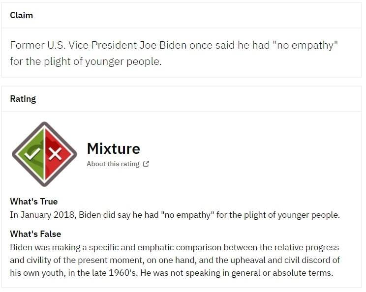 The meme is a screenshot of a Wikipedia article on the "Mixture" rating system, which is a way to rate articles on Wikipedia. The article is about a quote from former US Vice President Joe Biden, saying that he has "no empathy" for the struggles of younger people. The quote is being disputed by the "Mixture" rating system, which indicates that the quote is a mix of both true and false, indicating that the quote is a mix of both true and false, but the text does not provide more information about the quote's accuracy.
