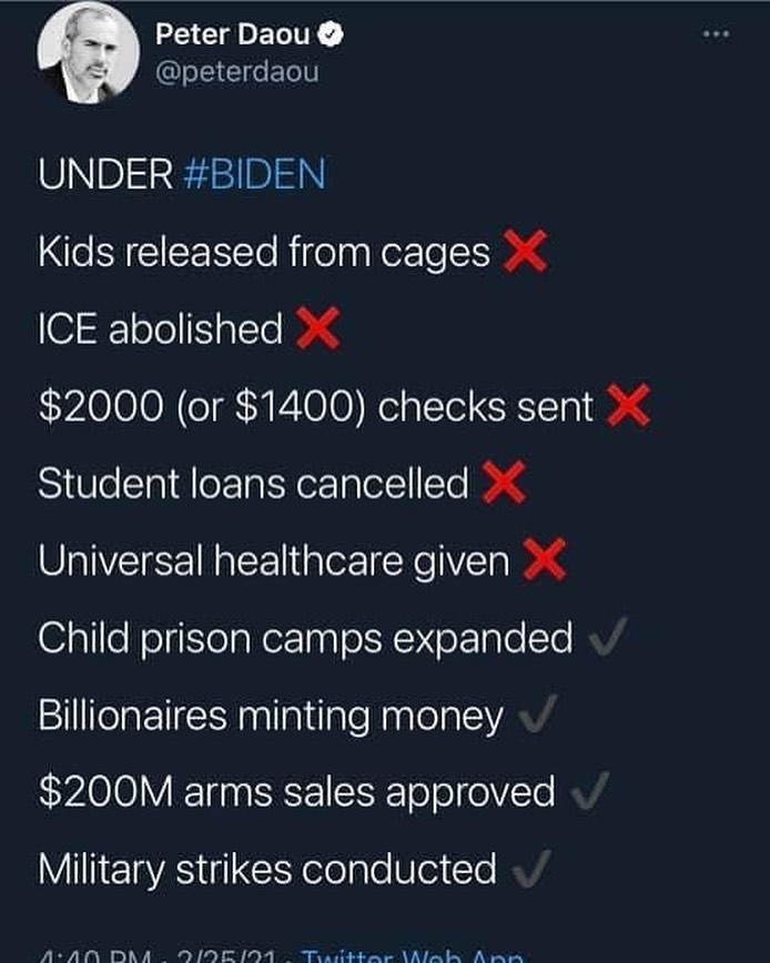 The meme is a tweet by Peter Daou, a former Democratic strategist, listing 11 things that did not happen under Joe Biden's presidency, such as releasing kids from cages, abolishing ICE, and providing free college tuition. The tweet is presented in a humorous, satirical tone, with each item marked with a red "X" and a "no" symbol. The tweet's title is "Under #Biden", implying that these things did not happen under Biden's presidency.