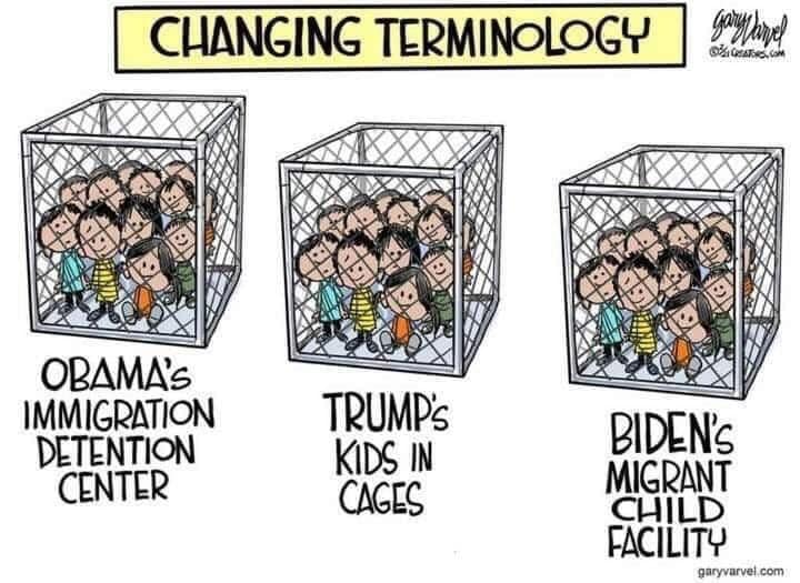 The meme is a humorous comparison between the detention centers established by former President Barack Obama and those established by former President Donald Trump, and now by President Joe Biden. The image shows a series of "cages" or "detention centers" with children inside, with the names of the presidents or the location of the facility written above each one. The text above each image reads "Obama's Immigration Detention Center", "Trump's Kids in Cages", and "Biden's Migrant Child Facility".